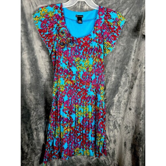 Flowers Dresses & Skirts - New Directions Dress Womens A Line Turquoise Blue Floral Pleated Short Sleeve